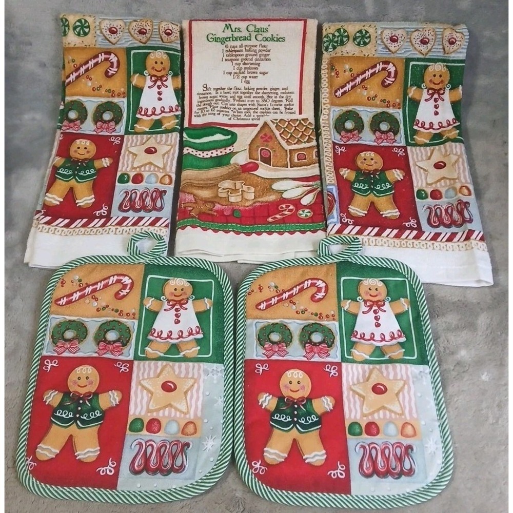 Christmas Gingerbread‎ Kitchen Dish Towels Hots Pads Candy Cane Cookies Recipe